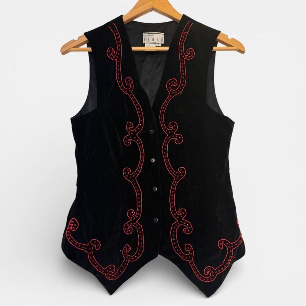 Vintage 90s Black Velvet Vest with Red Embroidery + Beads Size 4 Whimsy Western